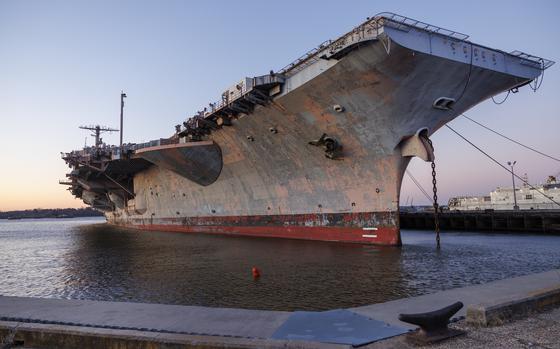 The USS John F. Kennedy aircraft carrier at the Navy Yard in South Philadelphia on Wednesday, Jan. 15, 2025. This decommissioned ship will leave Philadelphia.