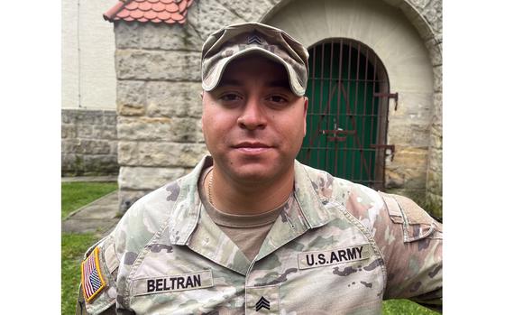 Sgt. Daniel Beltran, a bridge crew chief with the 809th Multi-Role Bridge Company, stands outside Tower Barracks in Grafenwoehr, Germany, on Oct. 4, 2024. The Houston native has been nominated for the Soldier's Medal for rescuing a German woman from the Danube River on Sept. 12, 2024. 