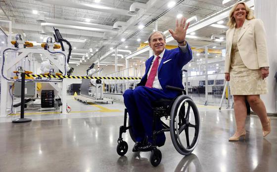 Governor Greg Abbott arrives at Bell Manufacturing Technology Center in Fort Worth to announce that Bell Textron has chosen Fort Worth for major expansion to build V-280 Valor military aircraft on Tuesday, Dec. 17, 2024.