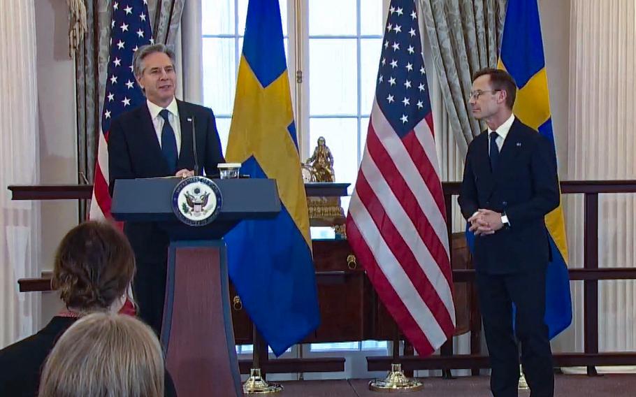 In a video screenshot, U.S. Secretary of State Antony Blinken speaks as Swedish Prime Minister Ulf Kristersson looks on during a ceremony in which Sweden officially joined the North Atlantic Treaty Organization on March 7, 2024.