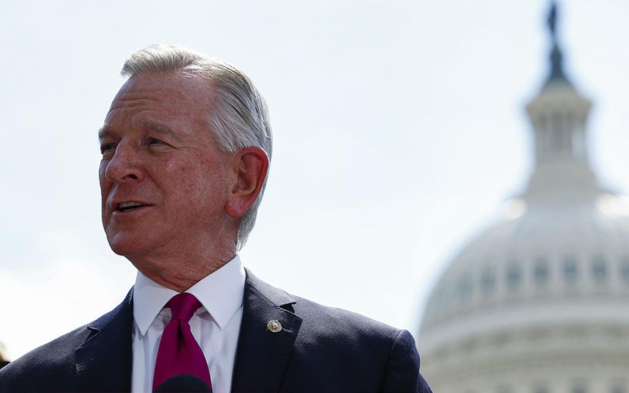 Sen. Tommy Tuberville, R-Ala., speaks at a press conference outside the U.S. Capitol Building on April 27, 2023, in Washington, D.C.