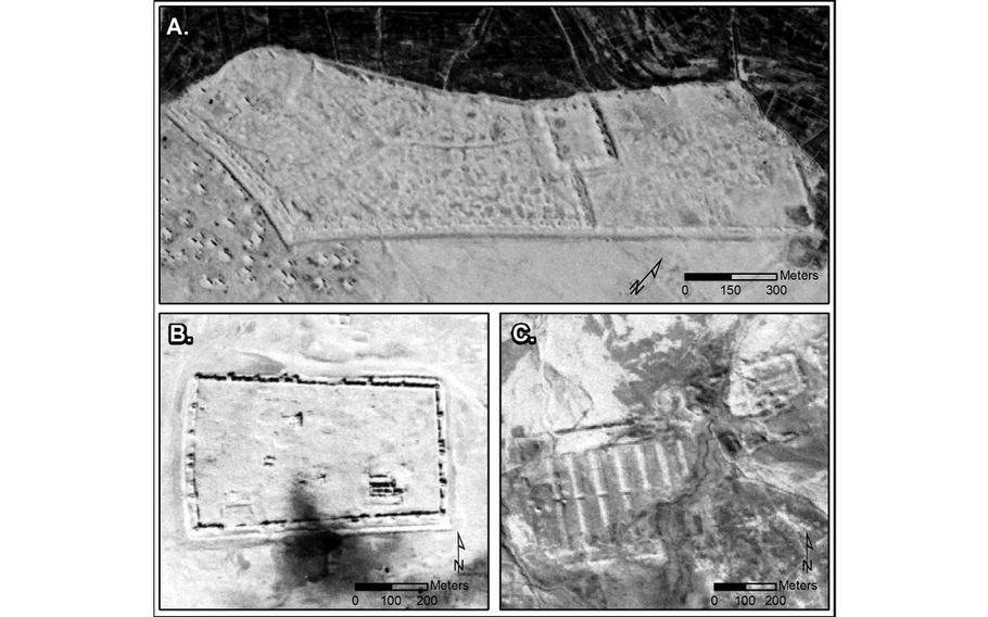 CORONA images showing major sites: A) Sura (NASA1401); B) Resafa (NASA1398); and C) Ain Sinu (CRN999).