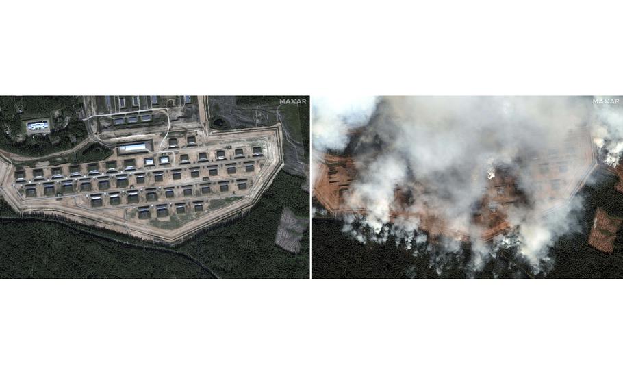 Two satellite images of an ammunition depot in Toropets, Russia, before a drone strike and after