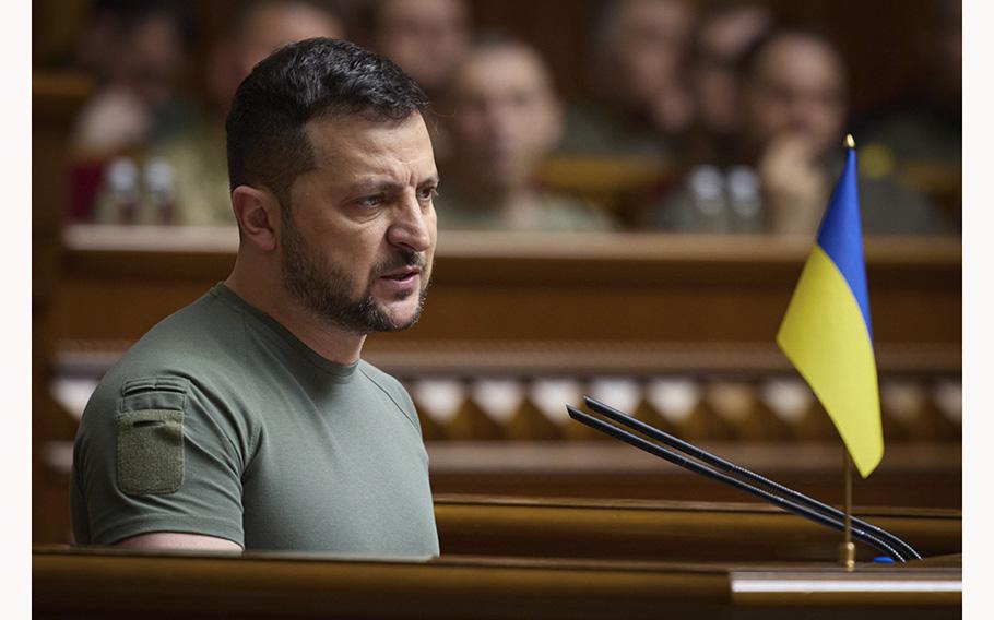  Ukrainian President Volodymyr Zelenskyy addresses lawmakers during a session of the Ukrainian parliament dedicated the Constitution Day, in Kyiv, Ukraine, on June 28, 2023. 