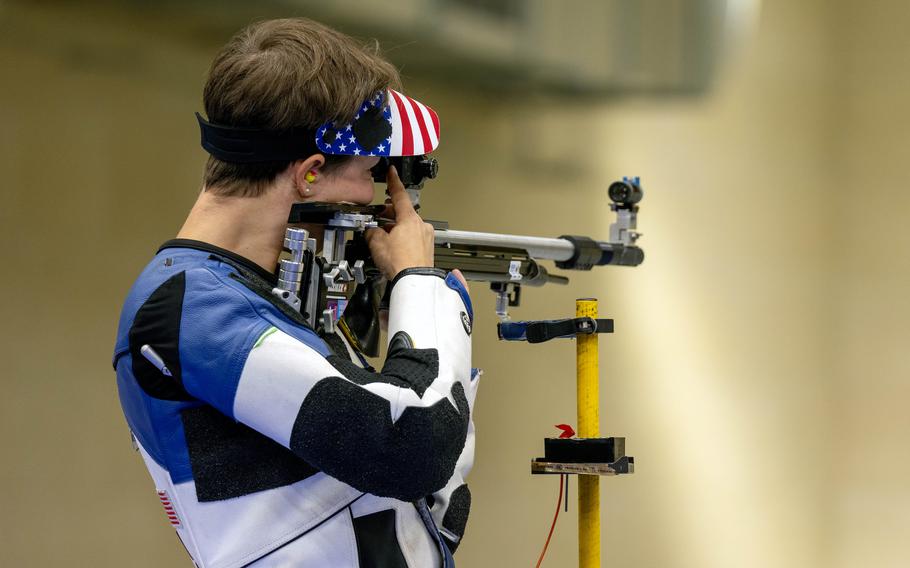 Sagen Maddalena, a sergeant with the U.S. Army Marksmanship Unit, aims at the target on her way to winning the silver medal in the women’s 50-meter rifle three-position competition at the 2024 Paris Olympics at the Chateauroux Shooting Centre, in Chateauroux, France on Friday, Aug. 2, 2024. 