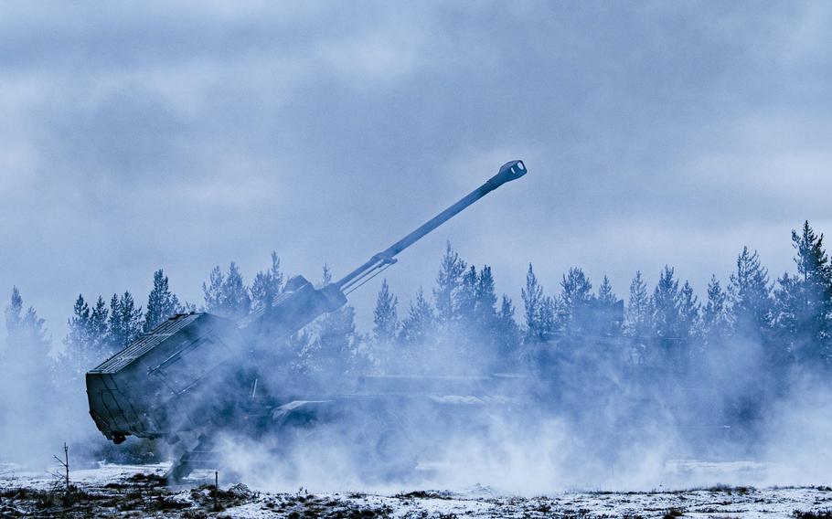 An Archer mobile howitzer launches an artillery round in the snow during exercise Dynamic Front in Finland.