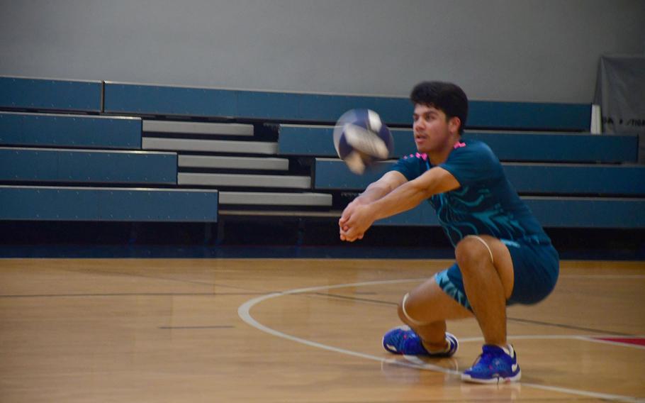 Aviano sophomore Toby Canales returns a serve during a practice session at the Aviano Middle High School gymnasium Monday, Aug. 5, 2024.
 