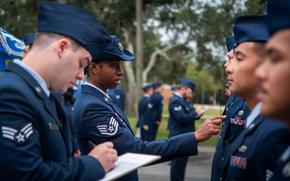 Airmen conduct an open ranks inspection at Eglin Air Force Base, Fla, Oct. 4, 2024.