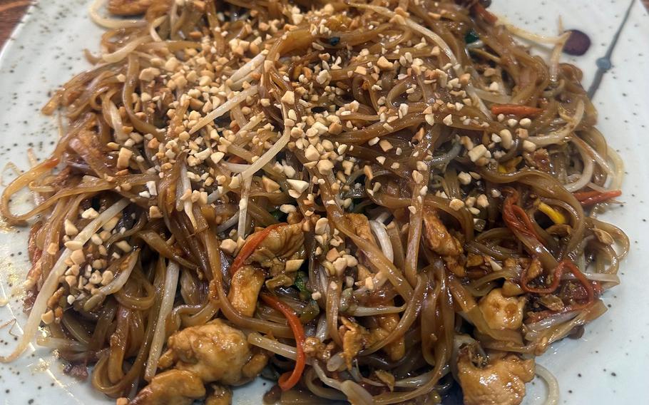 A plate of chicken Pad Thai from the Pad Thai restaurant in Pyeongtaek, South Korea. 