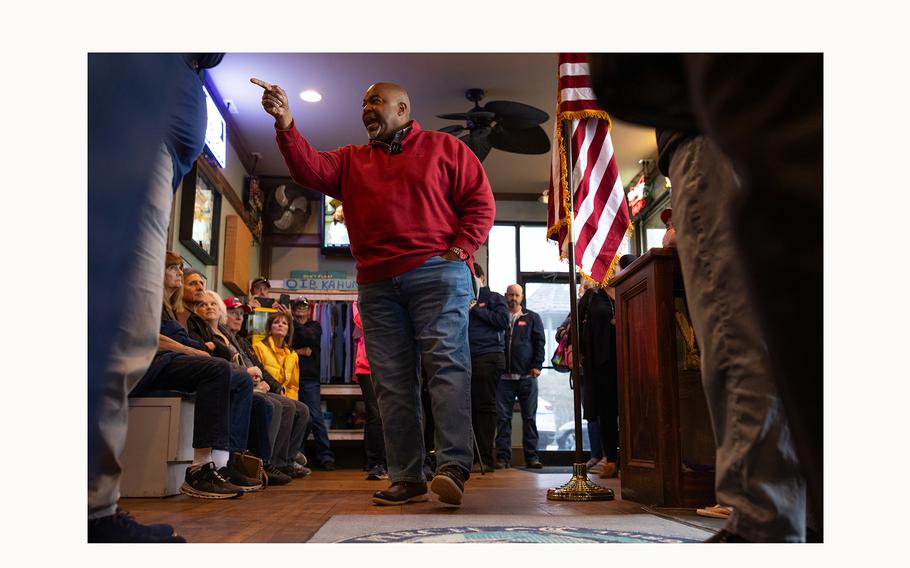 Mark Robinson, a Republican running for North Carolina governor, addresses supporters at a February campaign event on Ocean Isle Beach. 