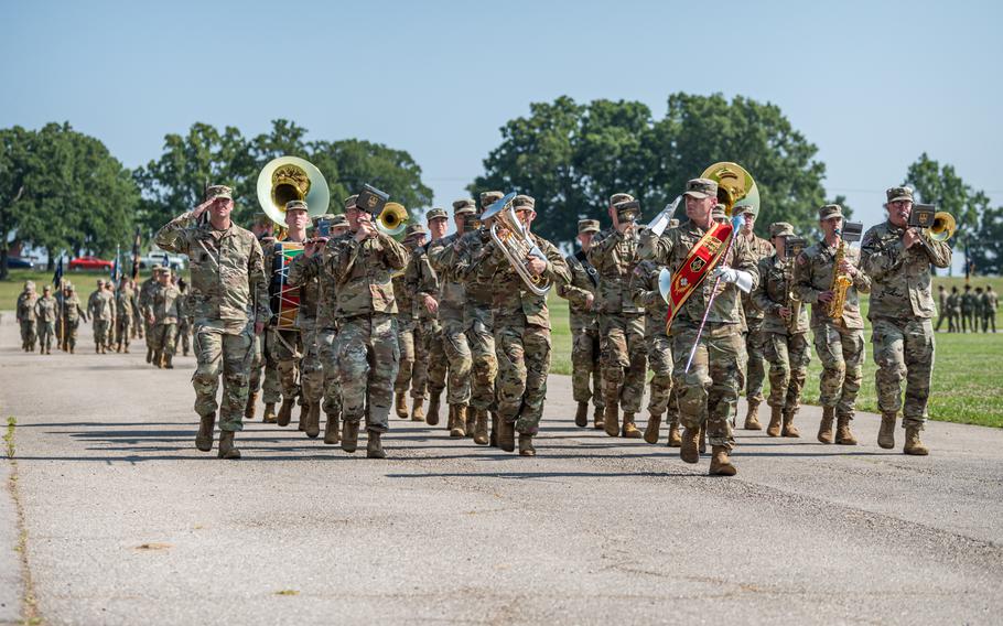 The Army Field Band performs during a ceremony at Fort Leonard Wood, Mo., in June 2023.