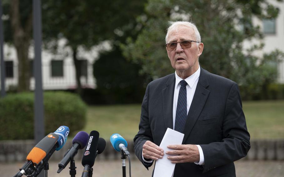 Bill Blair, Canada's defense minister, gives remarks during the Ukraine Defense Contact Group meetings at Ramstein Air Base, Germany, Sept. 6, 2024. The first Ukrainian fighter pilot cohort has begun training in Canada this week, Blair said.