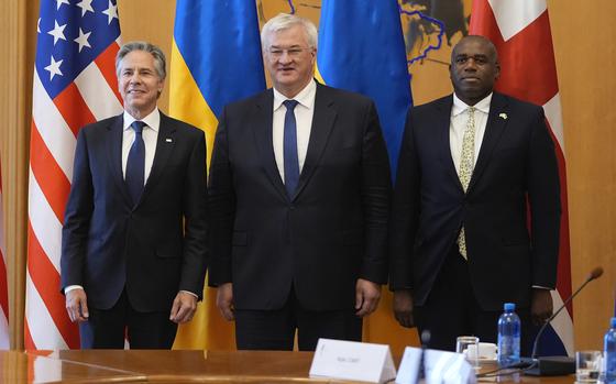 From left, U.S. Secretary of State Antony Blinken, Ukraine’s Foreign Minister Andriiy Sybiha and Britain's Foreign Secretary David Lammy meet in Kyiv on Sept. 11, 2024.