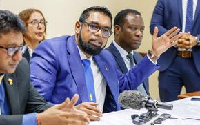 FILE - Guyana's President Irfaan Ali speaks during a press conference in Argyle, St. Vincent, Dec. 14, 2023.  (AP Photo/Lucanus D. Ollivierre, File)