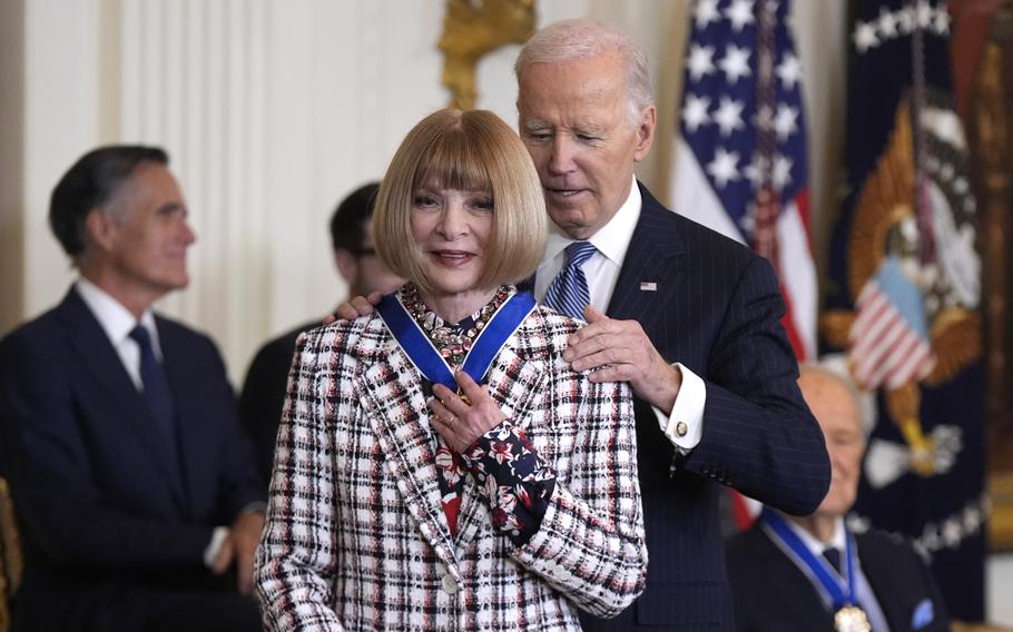 President Joe Biden, right, presents the Presidential Medal of Freedom, the Nation’s highest civilian honor, to Anna Wintour in the East Room of the White House, Saturday, Jan. 4, 2025, in Washington. 