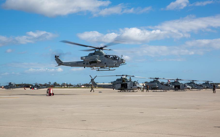 A U.S. Marine Corps AH-1Z Viper, assigned to Marine Light Attack Helicopter Squadron (HMLA) 269, taxis for the squadron’s final flight at Marine Corps Air Station New River, N.C., Nov. 7, 2022. This was the last flight for HMLA-269, which is deactivating in accordance with Force Design 2030. HMLA-269 is a subordinate unit of 2nd Marine Aircraft Wing, the aviation combat element of II Marine Expeditionary Force. 