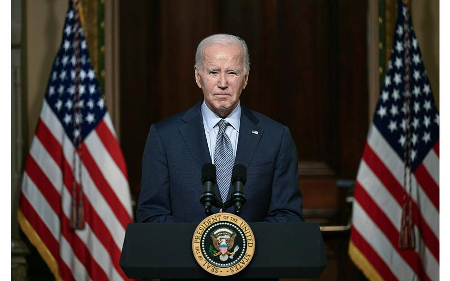 US President Joe Biden speaks at a roundtable with Jewish community leaders in the Indian Treaty Room of the White House on Oct. 11, 2023. 