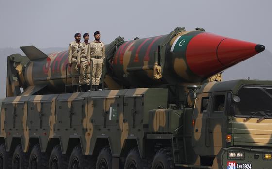 FILE - A Pakistani-made Shaheen-III missile, that is capable of carrying nuclear warheads, are displayed during a military parade to mark Pakistan National Day, in Islamabad, Pakistan, on March 23, 2022. The world's nine nuclear-armed states continue to modernize their nuclear weapons as the countries continue to deepen their reliance on such deterrence in 2023, a Swedish think tank, the Stockholm International Peace Research Institute said Monday, June 17, 2024. In Asia, India, Pakistan and North Korea are all pursuing the capability to deploy multiple warheads on ballistic missiles, the institute said.  (AP Photo/Anjum Naveed, File)