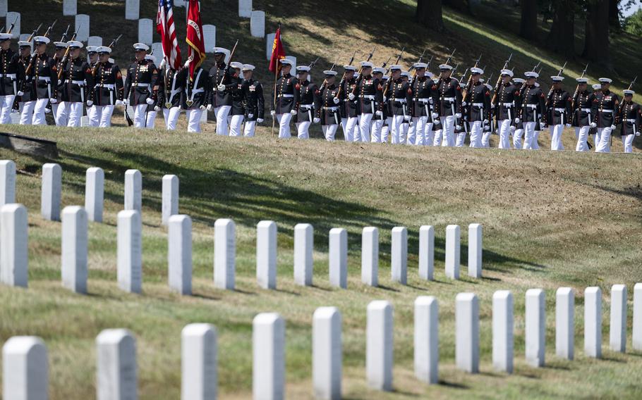 Marines from the Marine Band “The President’s Own” and the Marine Barracks Washington conduct military funeral honors with funeral escort for retired Gen. Alfred Gray Jr., the 29th Commandant of the Marine Corps, in Section 35 of Arlington National Cemetery, Arlington, Va., July 29, 2024. 