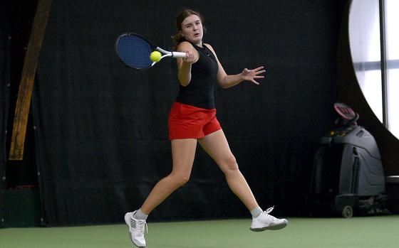 Kaiserslautern's Abby Hover hits the ball during the girls singles final against Sigonella's Charlize Caro at the DODEA European tennis championships on Oct. 26, 2024, at T2 Sports Health Club in Wiesbaden, Germany.