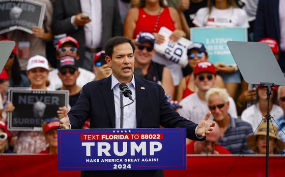 Sen. Marco Rubio (R-Fla.) speaks during a campaign event with former president Donald Trump, not pictured, at Trump National Doral Golf Club in Miami on July 9. MUST CREDIT:  Eva Marie Uzcategui/Bloomberg