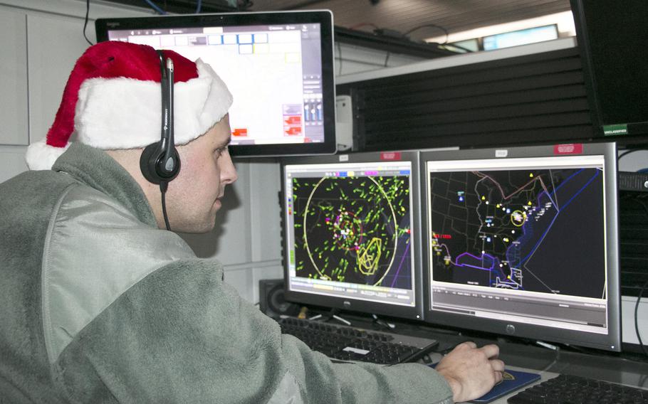 New York Air National Guard Tech. Sgt. Brady King prepares for Santa-tracking operations during recent training in Rome, N.Y. in 2017.  King is assigned to a headquarters unit of the North American Aerospace Defense Command that supports the NORAD Tracks Santa operation every year.