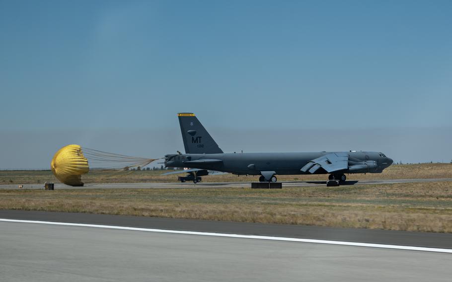 A B-52H Stratofortress assigned to the 69th Bomb Squadron lands at Fairchild Air Force Base, Wash., July 15, 2024. 