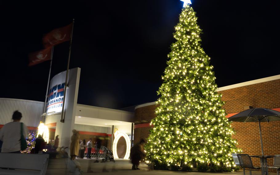 The Christmas tree lights up at arine Corps Air Station Cherry Point, N.C.