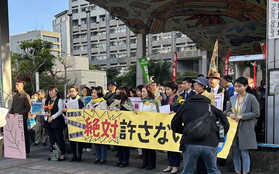 People protest in Okinawa, Japan.