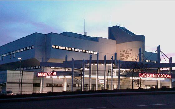 Landstuhl Regional Medical Center in Germany at dusk. Rep. August Pfluger, R-Texas, is questioning Defense Health Agency practices related to the hiring of qualified military spouses at LRMC, the Pentagon’s largest medical facility overseas.