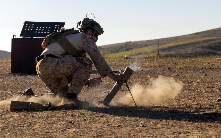 A Marine fires a Switchblade 300 loitering munition at Camp Pendleton, Calif., on Aug. 14, 2024. The Army awarded AeroVironment a $990 million contract to equip soldiers with its Switchblade-series loitering munitions, the company said in a statement Aug. 28, 2024.