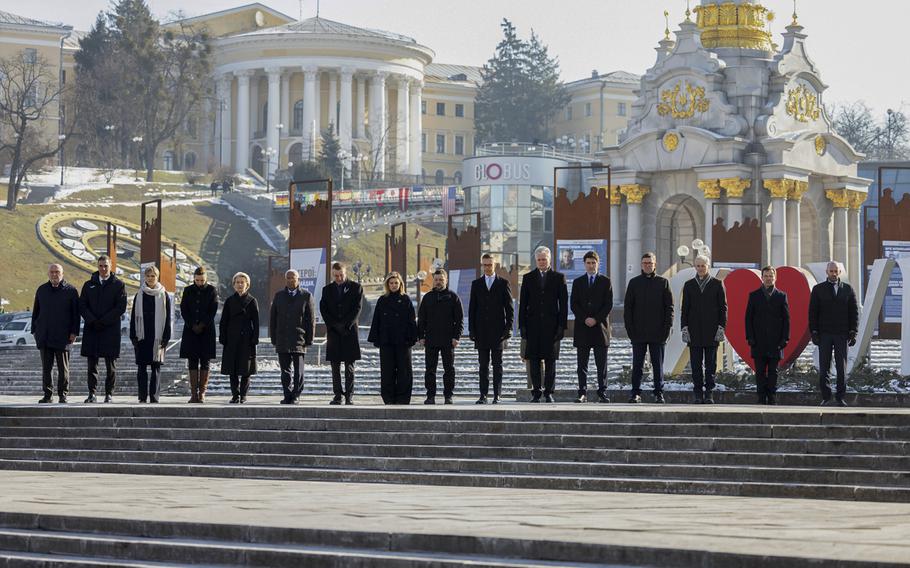 European leaders attending the ceremony at the memorial to the fallen Ukrainian soldiers