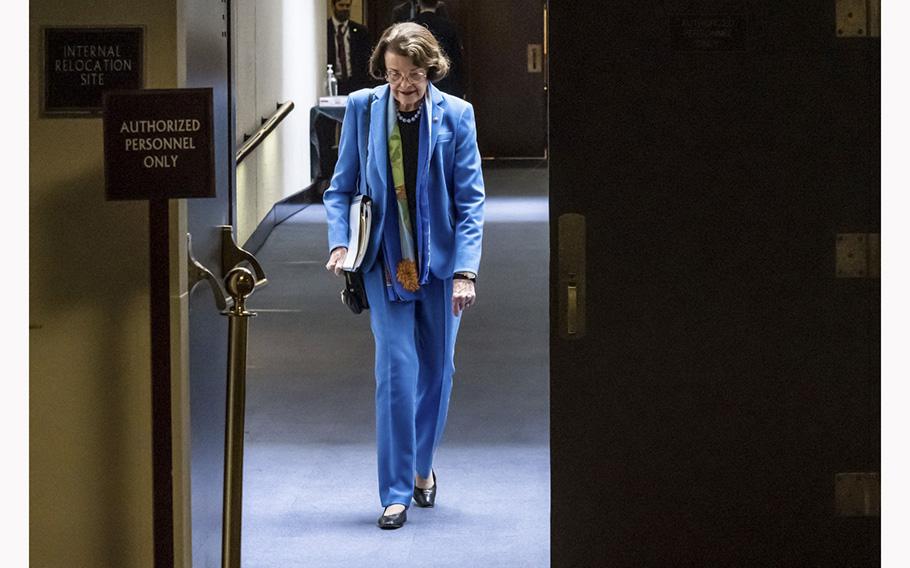 Sen. Dianne Feinstein D-Calif., leaves a committee hearing on Capitol Hill on  April 14, 2021, in Washington, D.C. 