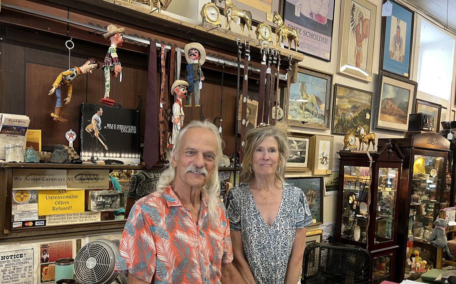 Plaza Antiques, the oldest antiques store in Las Vegas, N.M., is owned by Andy and Melissa Kingbury. The colorful store is crammed with jewelry, furniture, weavings and much more. 