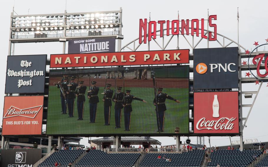 The U.S. Army Drill Team performs during U.S. Army Day at Nationals Park in Washington, D.C., on Friday, June 16, 2023. The Nationals hosted the Miami Marlins.