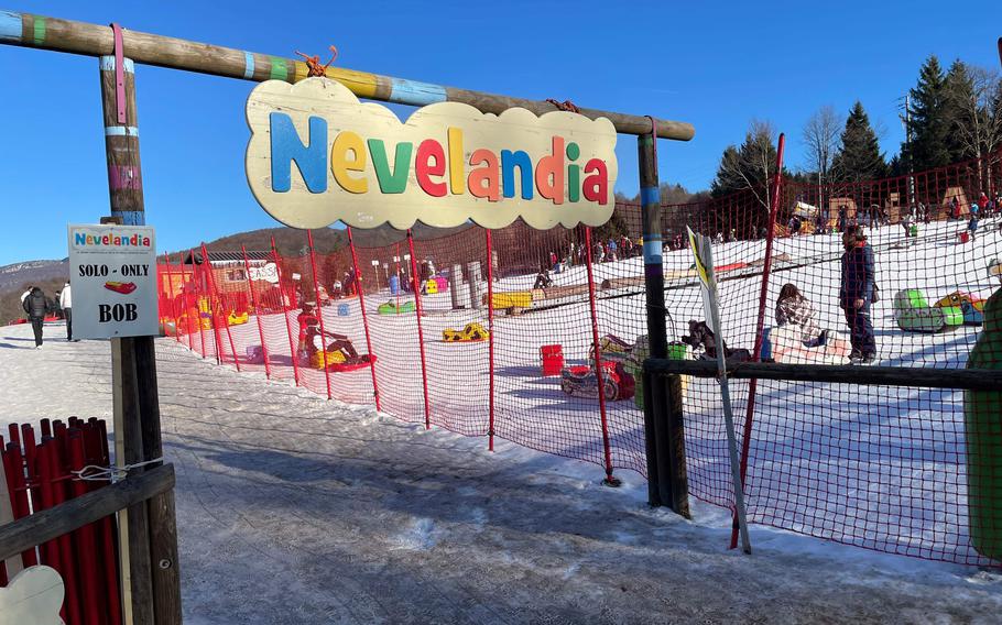 The entrance sign to Nevelandia sledding area in Piancavallo, Italy. Weekday admission costs 7 euros per person, and the entrance price rises to 10 euros per person on weekends.