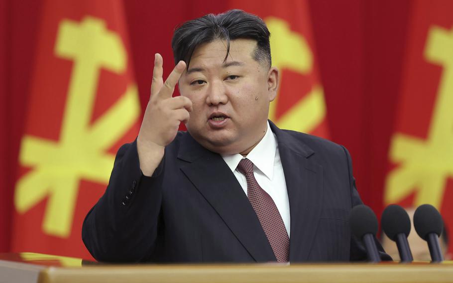 In this photo provided on Tuesday, July 2, 2024, by the North Korean government, North Korean leader Kim Jong Un delivers a speech during a meeting of Central Committee of the Workers' Party of Korea held from June 28 until July 1, in Pyongyang, North Korea.