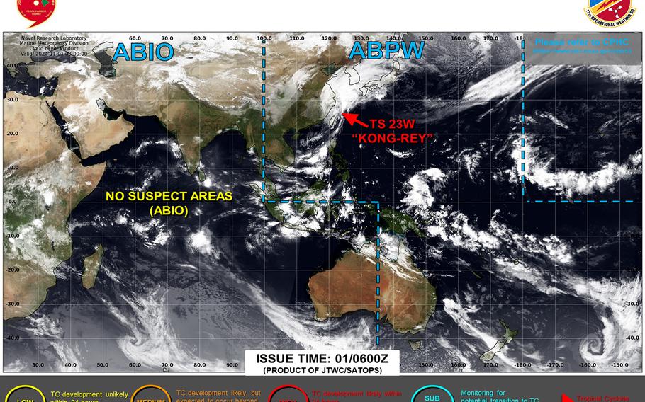 Kong-rey transitions into a sub-tropical low; heavy rain remains forecast for Tokyo area Saturday evening as it rapidly moves east.