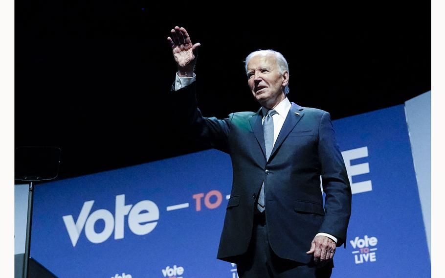 President Joe Biden waves on stage during the Vote To Live Prosperity Summit at the College of Southern Nevada in Las Vegas, on July 16, 2024. 