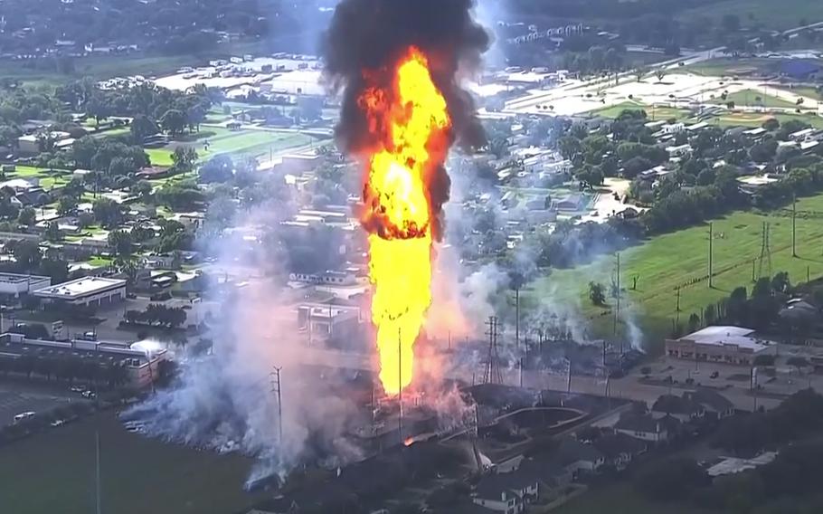 A massive flame erupts from a pipeline explosion in La Porte, Texas, on Sept. 16, 2024.