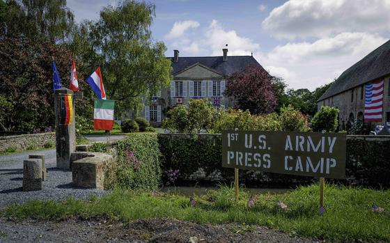 A front view of Chateau Vouilly in Normandy, France, during the commemorations of the 80th anniversary of D-Day. The chateau served as the first Allied press camp during World War II and now hosts visitors commemorating its history.