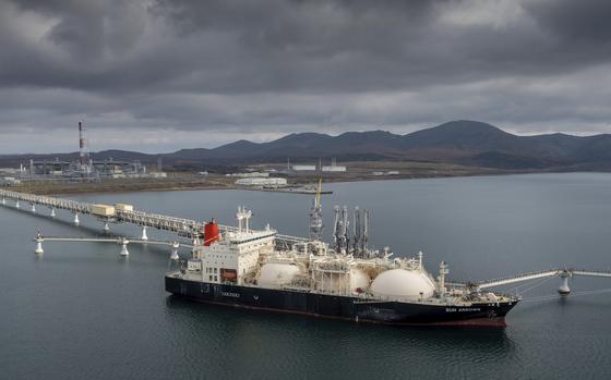 The tanker Sun Arrows loads its cargo of liquefied natural gas from the Sakhalin-2 project in the port of Prigorodnoye, Russia, on Friday, Oct. 29, 2021. Shipments of Russian liquified natural gas to France more than doubled the first half of this year, according to new analyses of trade data, at a time when Europe has tried to pull back from energy purchases that help finance the Kremlin's invasion of Ukraine.