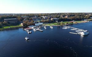 Aerial photograph of the waterfront facilities on campus at the Coast Guard Academy, New London, Nov. 2, 2023. (Coast Guard photograph by Petty Officer Matt Thieme)