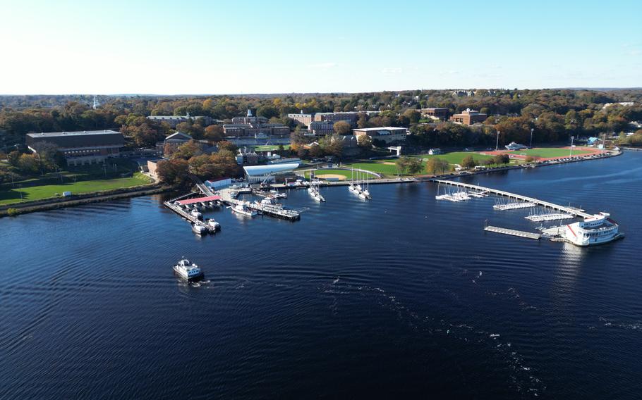 Aerial photograph of the waterfront facilities on campus at the Coast Guard Academy, New London, Conn., Nov. 2, 2023. 