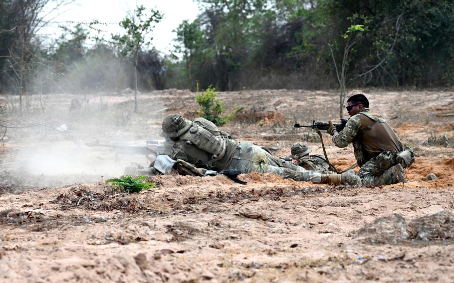 Soldiers with the U.S. Army’s 4th Division fire during a mock Cobra Gold battle.