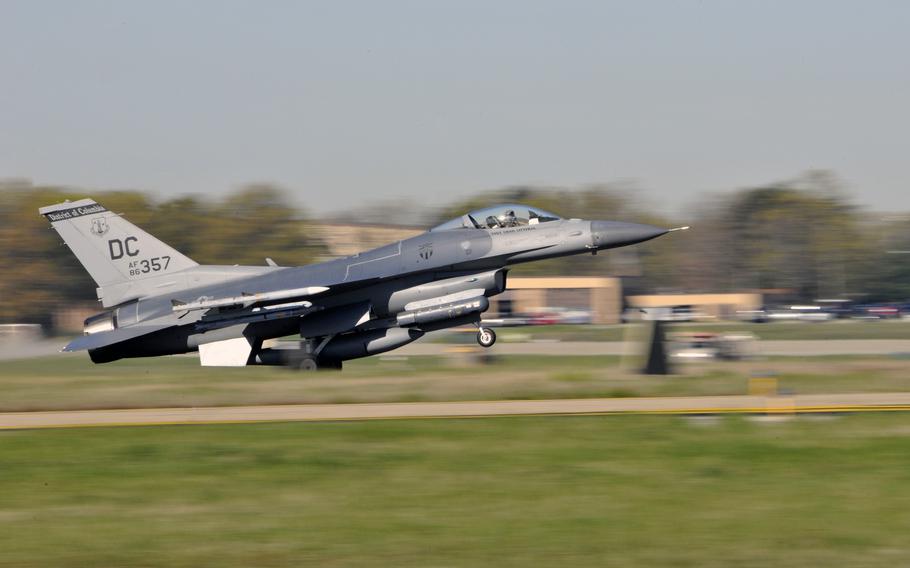 A Washington D.C., Air National Guard F-16 Fighting returns from a training mission April 3, 2012, at Joint Base Andrews, Md. 