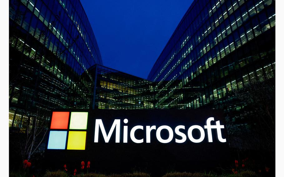A view shows a Microsoft logo at Microsoft offices in Issy-les-Moulineaux near Paris, France, on March 25, 2024.