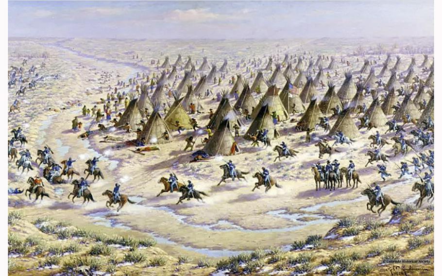 “The Sand Creek Massacre” by Robert Lindneaux portrays his concept of the U.S. Army assault on the Cheyenne and Arapaho village.