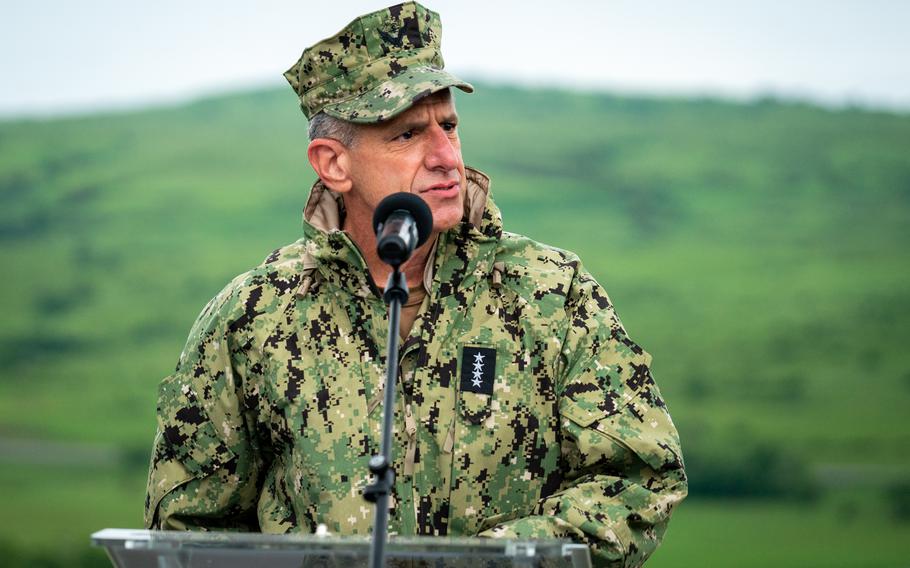 Retired Adm. Robert Burke, then the commander of Joint Force Command Naples, speaks to NATO military members in June 2021 in Romania.