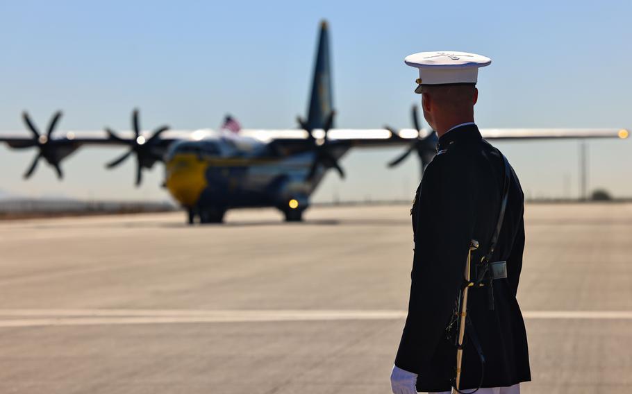 U.S. Marines with the Silent Drill Platoon execute a drill sequence